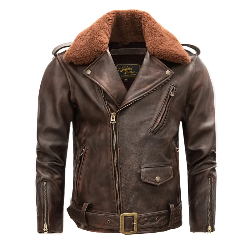 Men's Genuine Cowhide Leather Sports Moto Jacket Detachable Shearling Collar Diagonal Zipper Belted Waist Biker Coat Winter Warm
