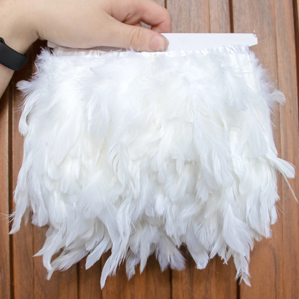 1 Meter Weißer Fasanenfedern-Besatz 10-15cm Natürliche Hahnenfedern Fransen-Band für Karneval Hochzeit Party Kleid Nähen Dekoration