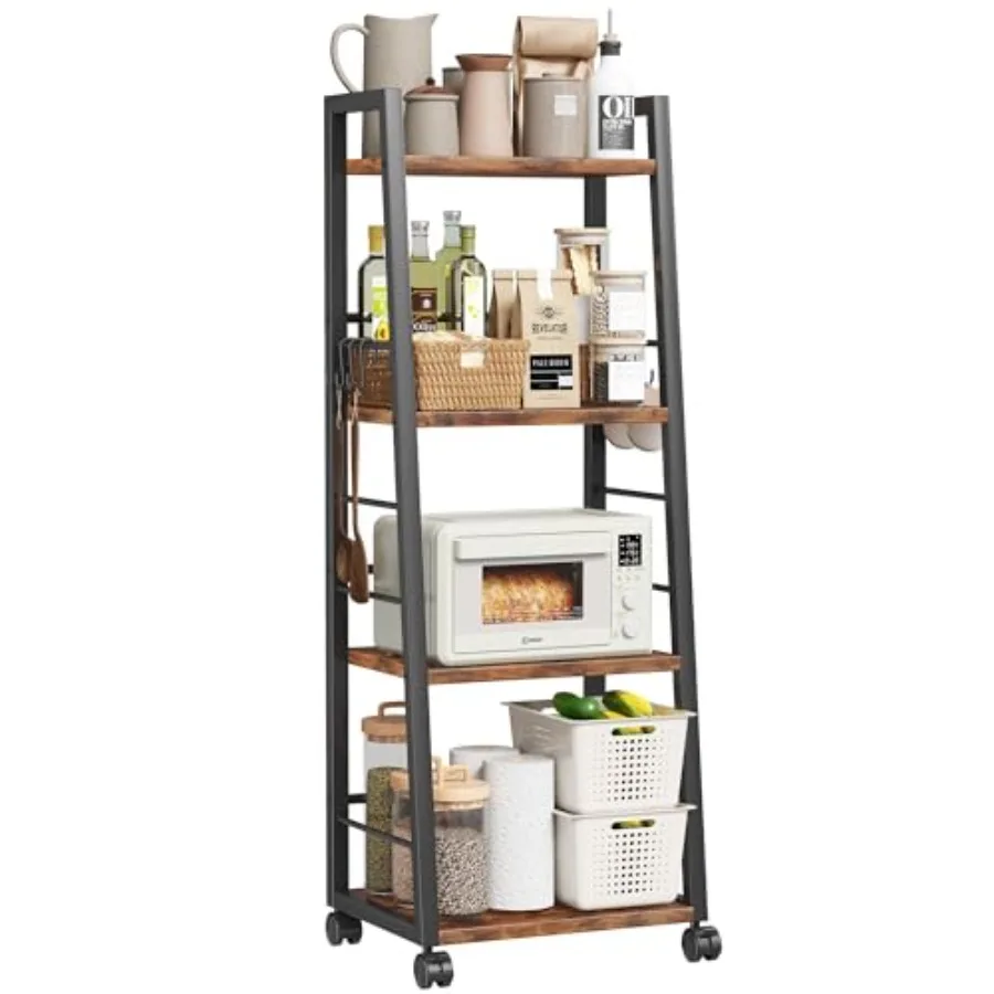 

4 Tier Kitchen Storage Cart with Lockable Wheels and 6 Hooks Mobile Utility Organizer Rolling Cart for Small Spaces Bar Cart fo