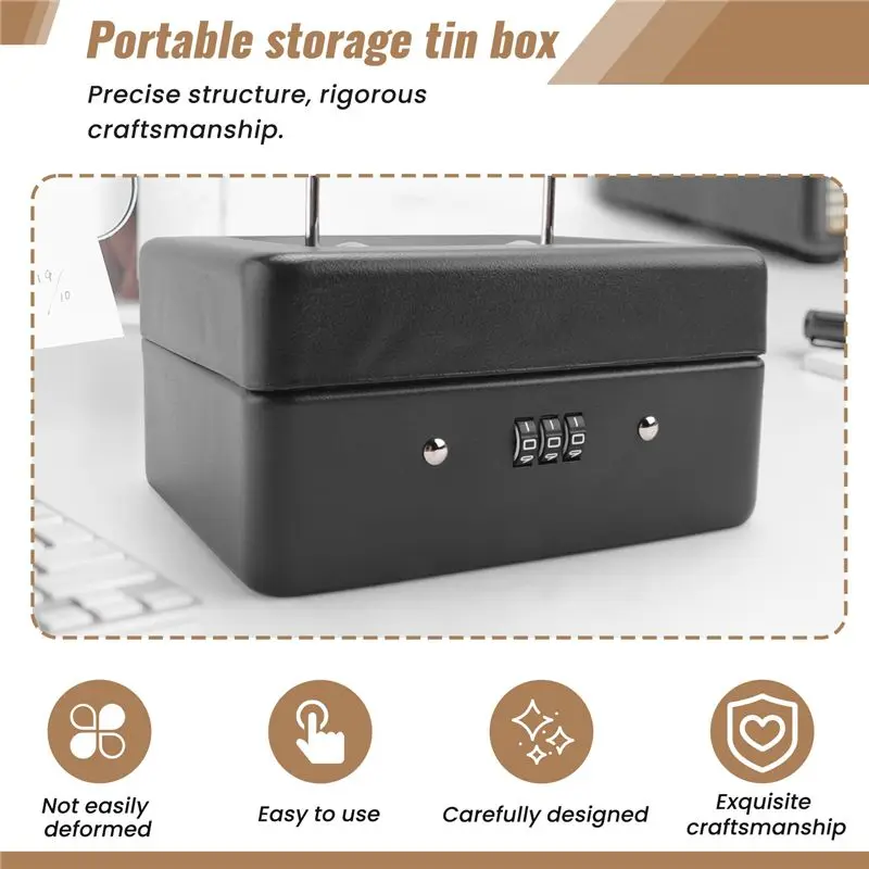 AEE3-Durable Metal Coin Box With Locking Storage Tray - Small Coin Box With Combination Lock 15 X 12 X 7.7Cm