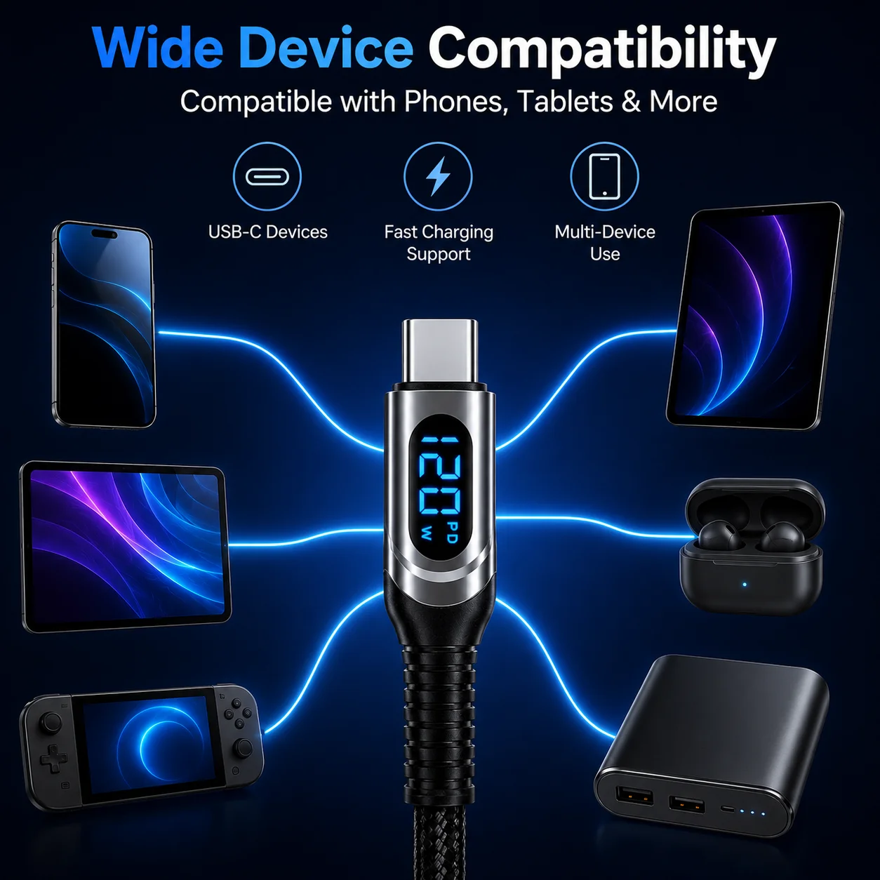 1PCS 120W USB C Fast Charging Cable LED Display PD Charger for iPhone 15 16 17 Samsung Xiaomi Huawei Type C Wire