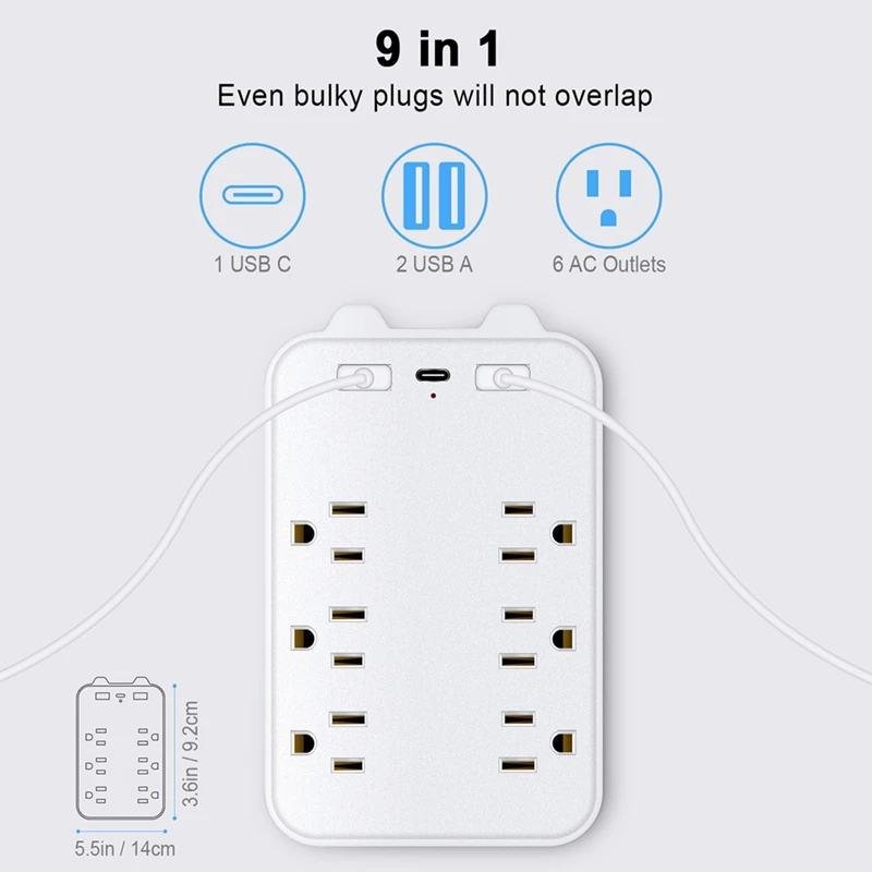 9-In-1 Surge Protector 6-Outlet Extender With 3 USB Ports Power Strip Plug Outlets Wall Adapter Spaced US Plug