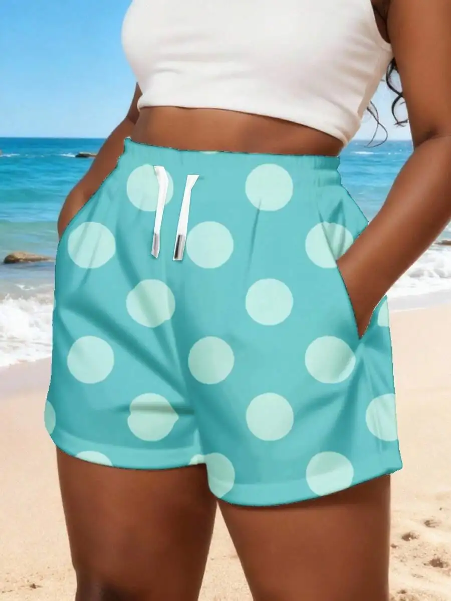 

Women High Waisted Turquoise Polka Dot Shorts Beach Summer Casual Shorts