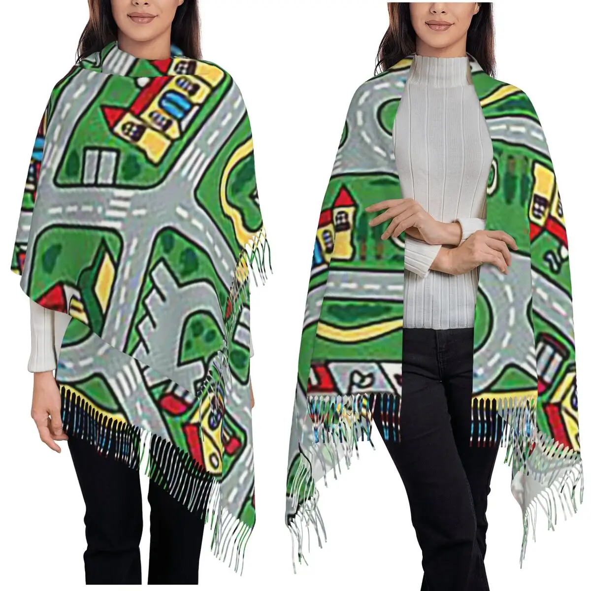 Car City Carpet Road Rug 90s Nostalgic Toy Scarf Tassel Scarves for Women Shawls and Wraps Large Fall Winter Shawl Wrap