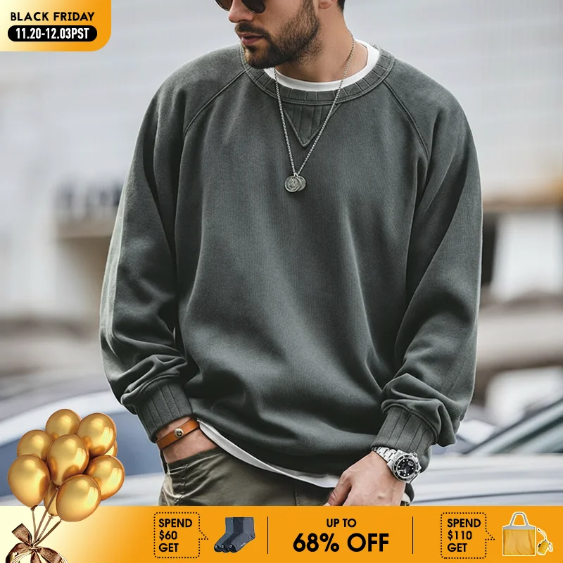 

Maden Vintage Crew Neck Sweatshirt for Men Solid Color Cotton Pullover Male Basic Style Black Sweatshirt Autumn Outerwear