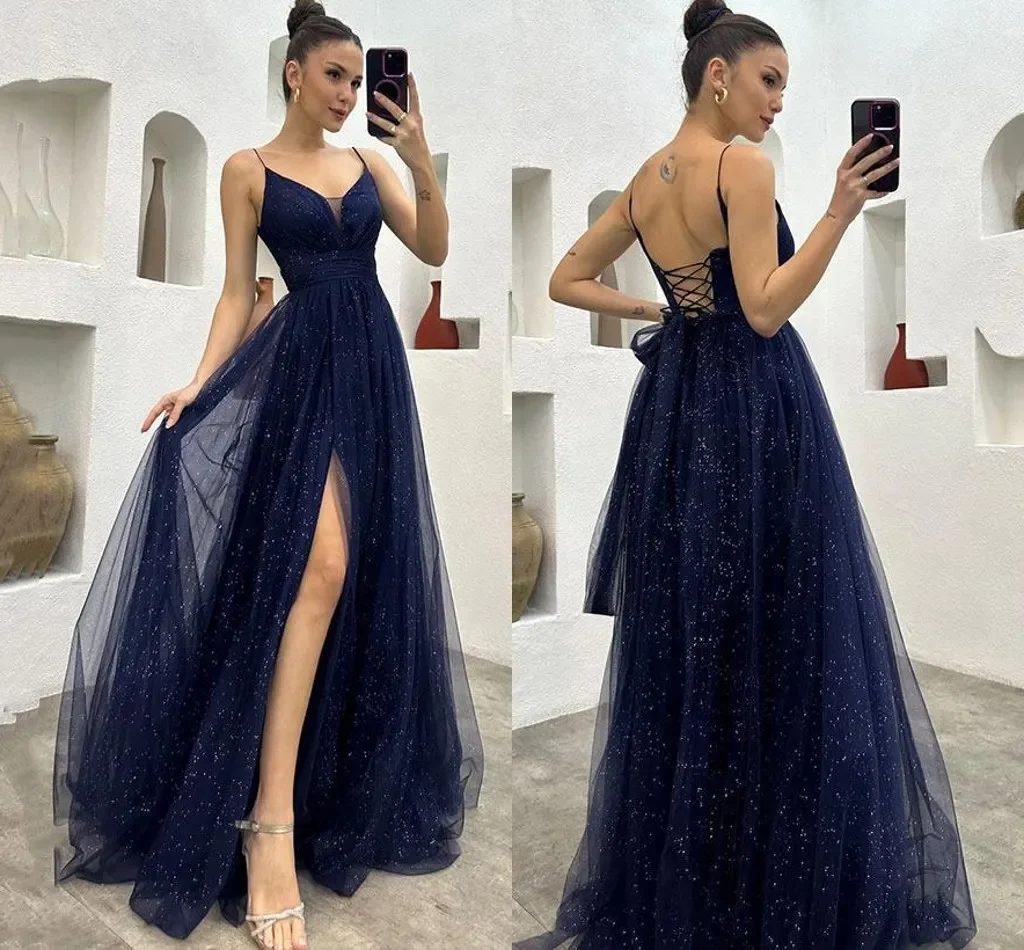 Custom Navy Blue Sequined Evening Dresses Sexy Backless A Line Spaghetti Straps Split Women occasion Party Prom Gowns Plus Size