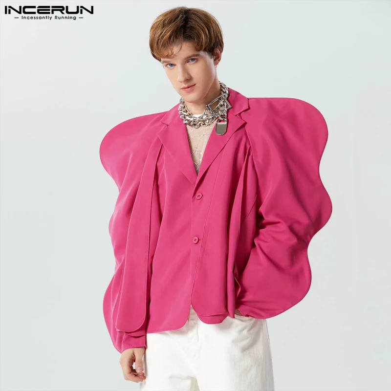 INCERUN Men Irregular Blazer Solid Ruffle Lapel Long Sleeve Button Casual Suits Men Streetwear 2024 Loose Fashion Coats S-5XL