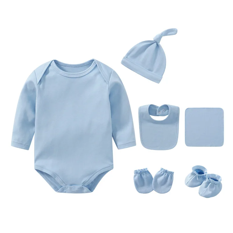 0-12Months Infant Baby Boy Girl Clothing Suits Solid Color Long-Sleeved Onesies Bib Gloves Foot Cover Hat 6Pcs Set Baby Products