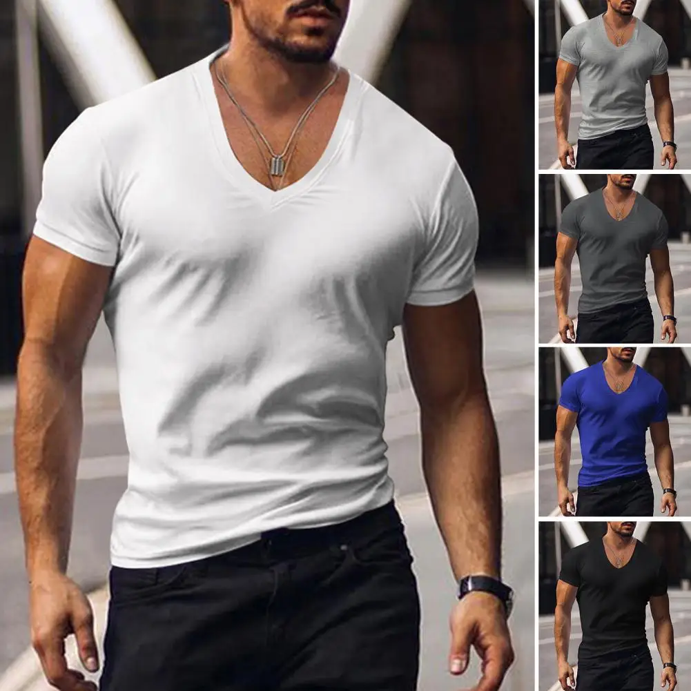 Men T-shirt V-neck Solid Color Sweat Absorption Pullover Top Breathable Dress-up Bodybuilding Shirt Slim Fit Summer Shirt Top