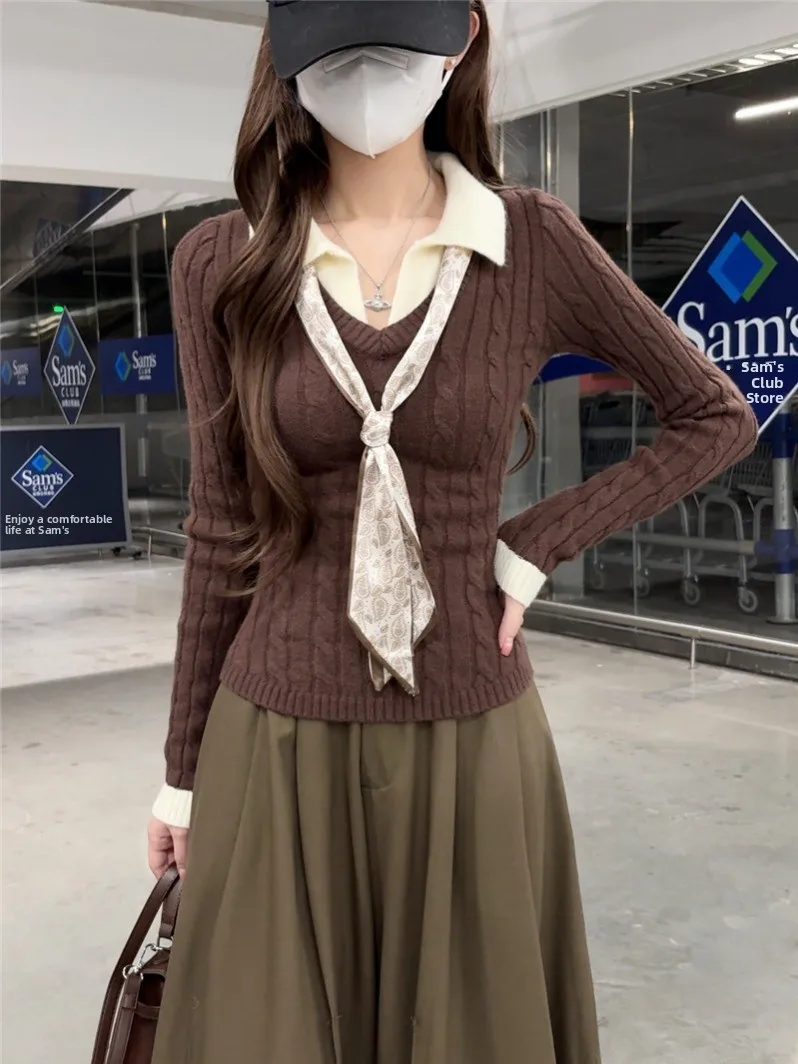 Suéter de punto Retro rojo Thiened Long Sve con bufanda, diseño de lazo torcido, Top de lana informal ajustado para otoño e invierno para mujer