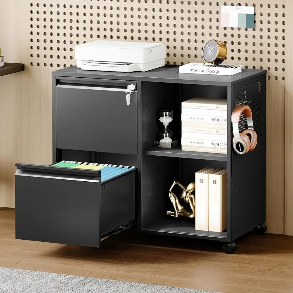Adjustable Metal Printer Stand with Open Storage, Side Hooks, and Lockable Cabinet for A4/Letter/Legal Size Documents