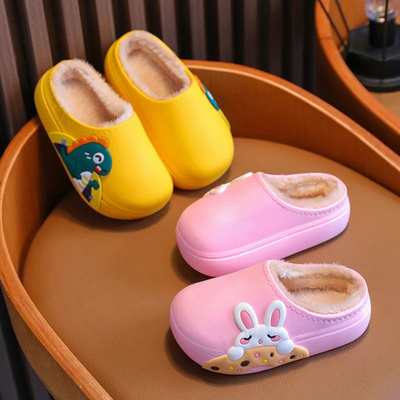 Children\'s Cartoon Slippers Winter Indoor Non-Slip Sole Cotton Shoes Boys Girls Waterproof Kids Shoes Plush Warm Home Slippers