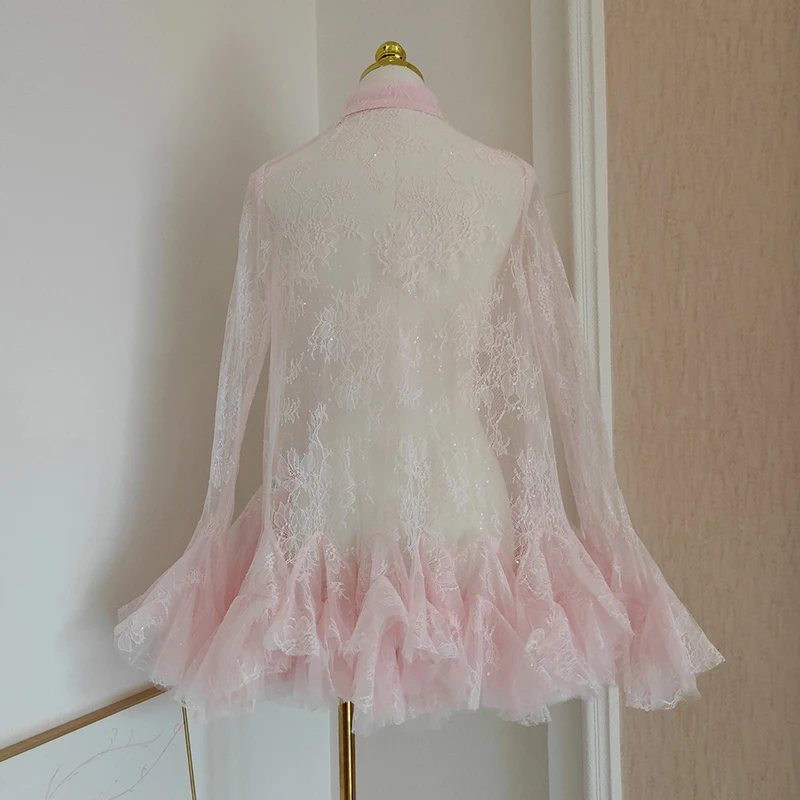 KBQ Solid Sheer Spliced ลูกไม้มินิเดรสเซ็กซี่สําหรับผู้หญิงแขนยาว Patchwork Ruffles พับชุดมินิหญิงแฟชั่น