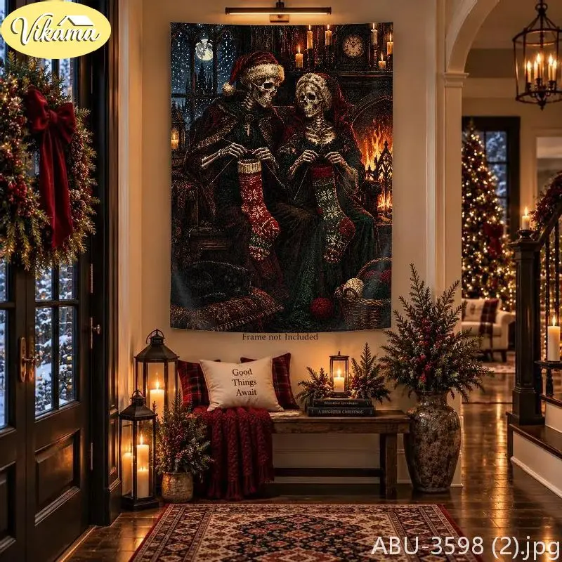 VIKAMA Dark Christmas Double Skeleton Tapestry, Full Moon Cross Background Cloth, Living Room Party Wall Decor