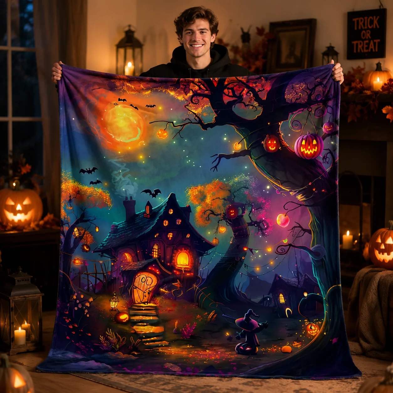 Halloween Throw Blanket - Cozy Autumn Decor with Witch and Haunted House