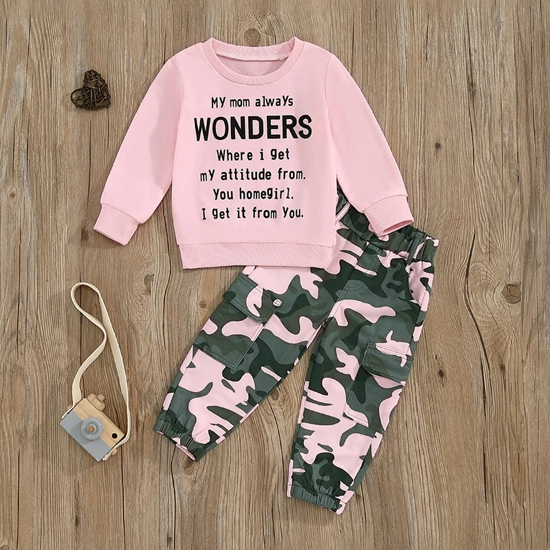 Girls 2-Piece Autumn Outfit with Long Sleeve O Neck Top and Camouflage Pants Featuring Letter Print