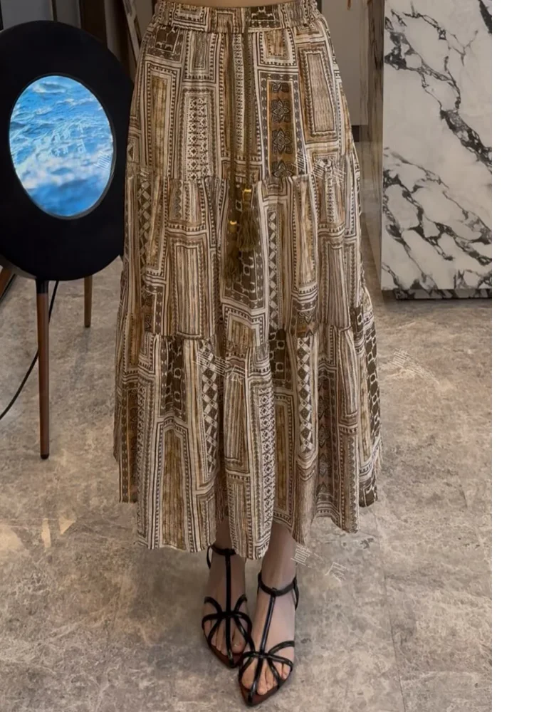 

Summertime Elegant Watercolor Midi Skirt for Women High-End Feelings Casual Style mid Waist A-Line Skirt Standard Fit Elastic...