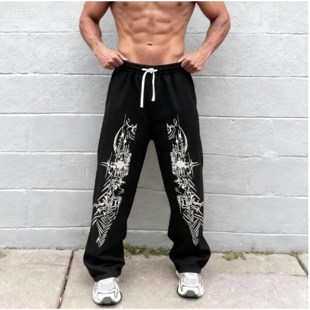 

Новые оригинальные мужские повседневные спортивные свободные брюки прямого кроя с готическим принтом, уличные спортивные брюки унисекс, уличная мужская одежда