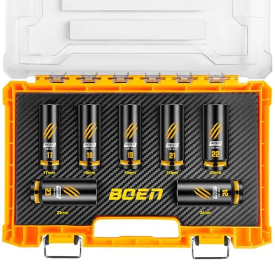 

7-Piece 1/2" Drive Impact Socket Set Deep Metric Lug Nut Socket Set 17 18 19 21 22 23 24 mm CR-MO Steel Deep Embossed and Paint