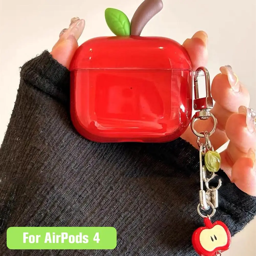 حافظة حماية جديدة من مادة TPU على شكل أبل لأجهزة AirPods 4 Pro 2 بتصميم واقعي شفاف مع هدية على شكل ورقة شجر أخضر/أحمر لأجهزة AirPods