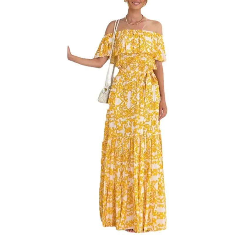 

2025 New Fashionable Backless Ruffle Dress Women Summer Elegant Loose Lace-up Long Skirt Short-sleeved Dress For Women
