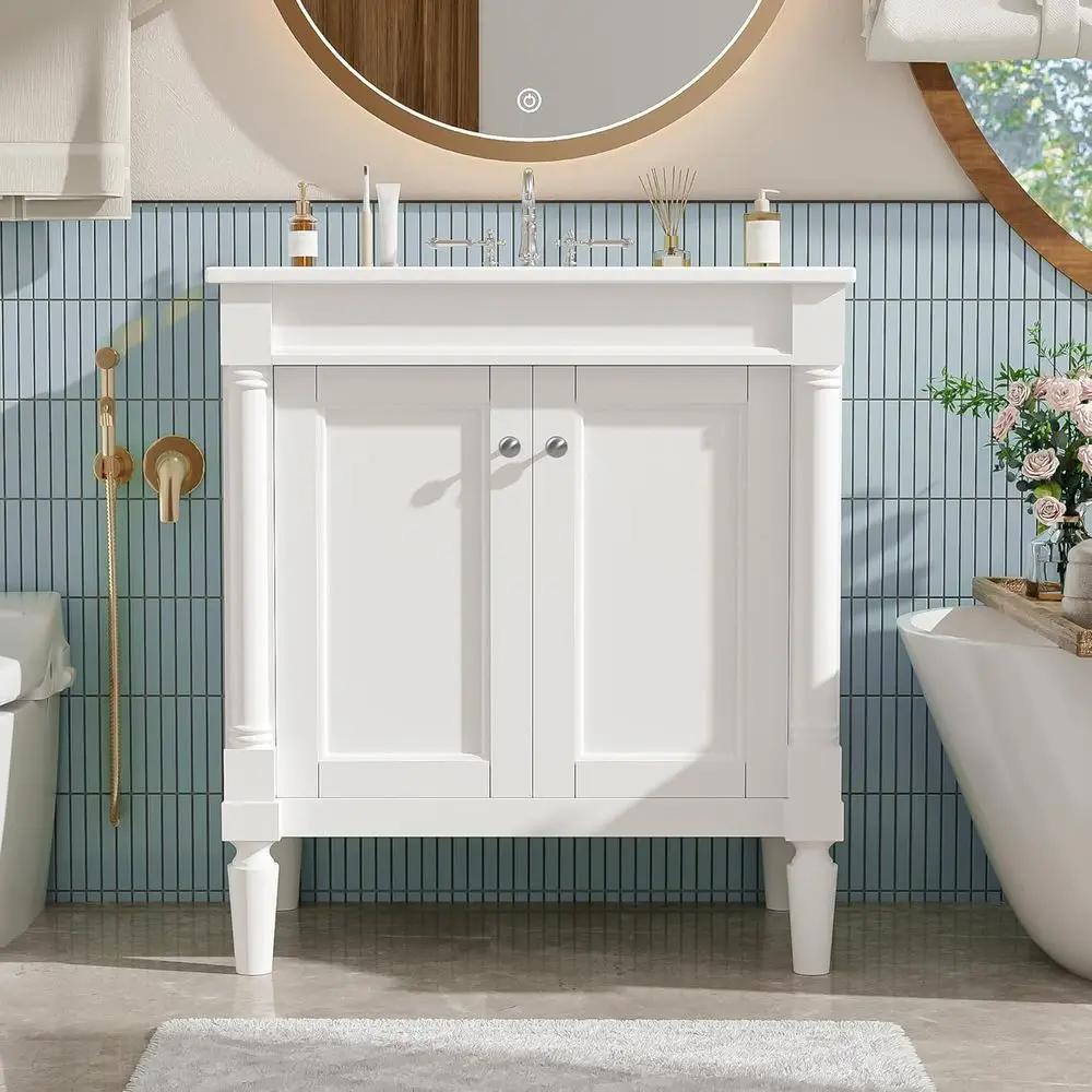 30 Solid Wood Powder Room Vanity with 2-Door Cabinet and Ceramic Sink