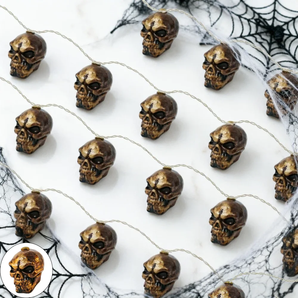 1 Set 10LED Retro Skull Light String, Halloween Day of The Dead Flower Wreath Branch Indoor Courtyard Desktop Decor Light String