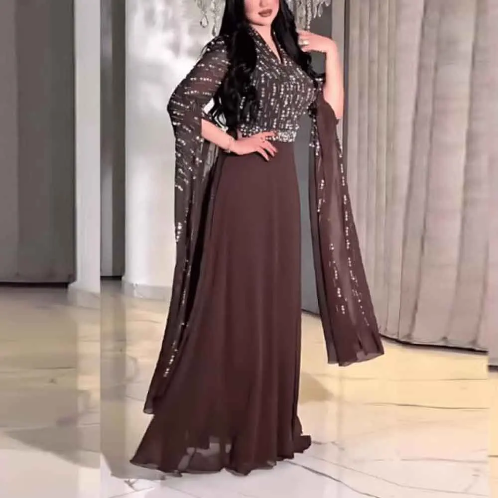 

Customized Beading Brown Evening Dress with Split Sleeve V Neck A Line Chiffon Wedding Guest Outfit فساتين سهرات