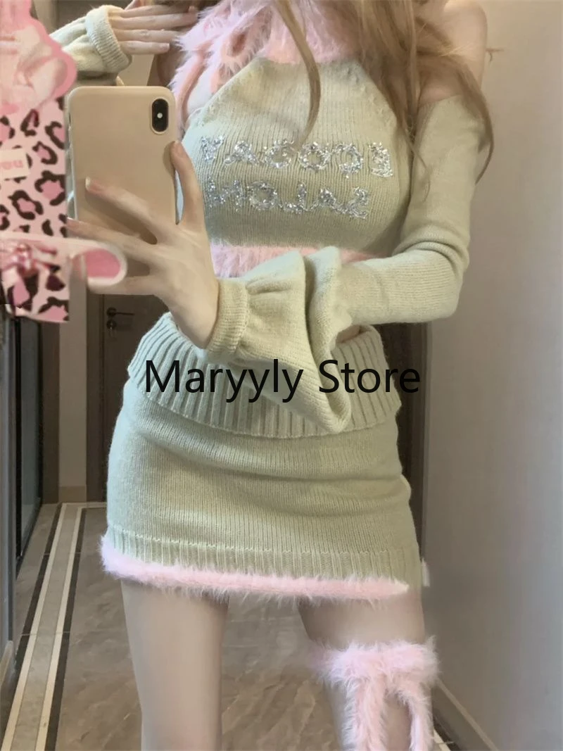 2023 Autumn Casual Sexy Knitted Sweater Suits Women Y2k Crop Tops + Mini Skirts Korean Fashion 2 Piece Dress Set Chic Bodycon