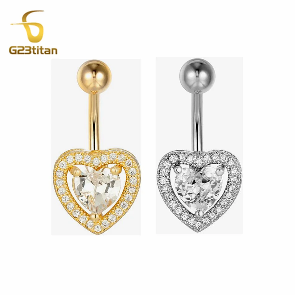 G23titan CZ Zircon Heart Navel Piercing Rings for Women Girls 14G Titanium Belly Button Bar Body Jewelry Summer Accessories Gift