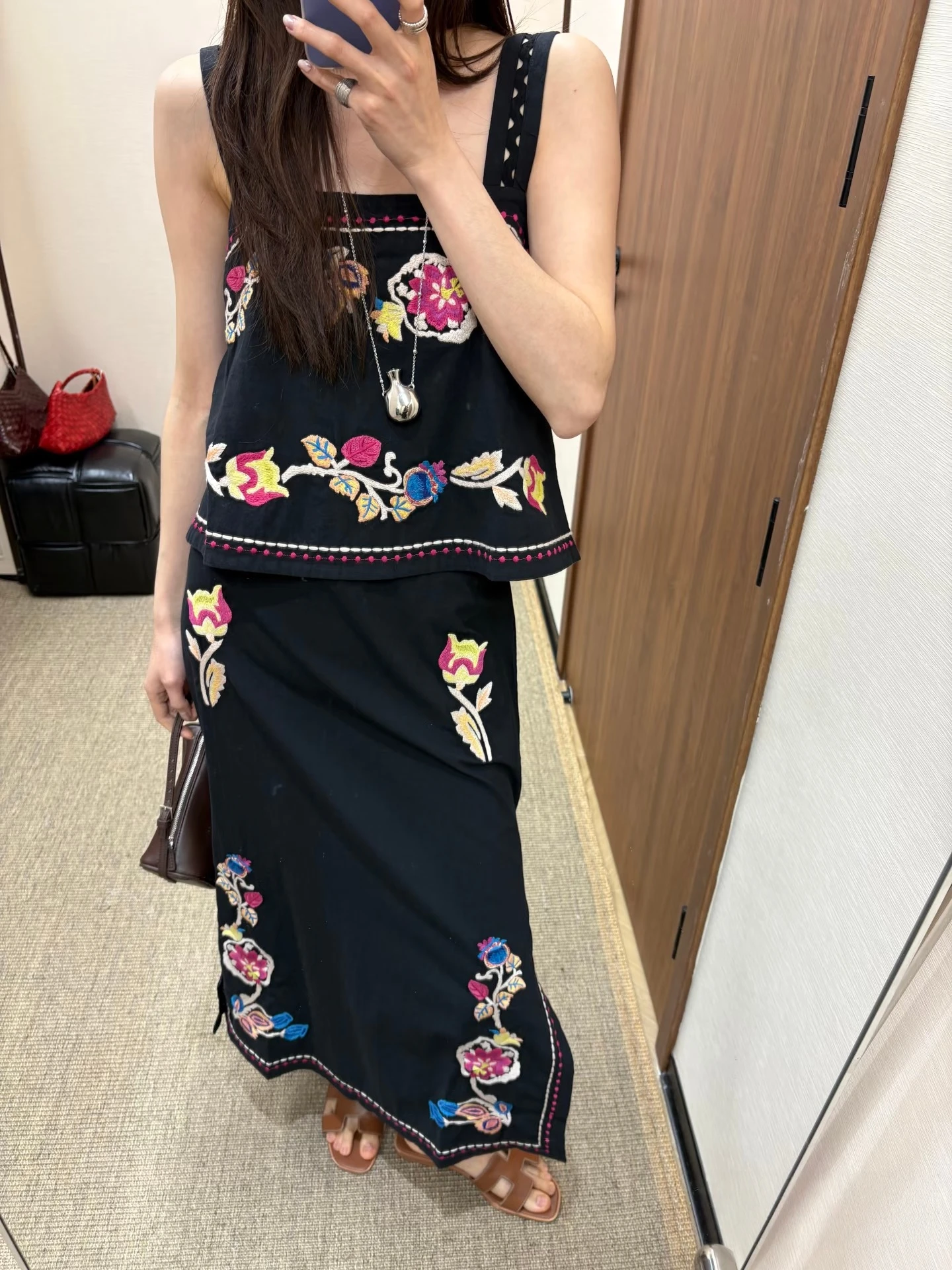 

Louise Long Half Skirt Set Women's Summer Commute Style Embroidered Strap Side Slit A-Line Dress Casual Wear