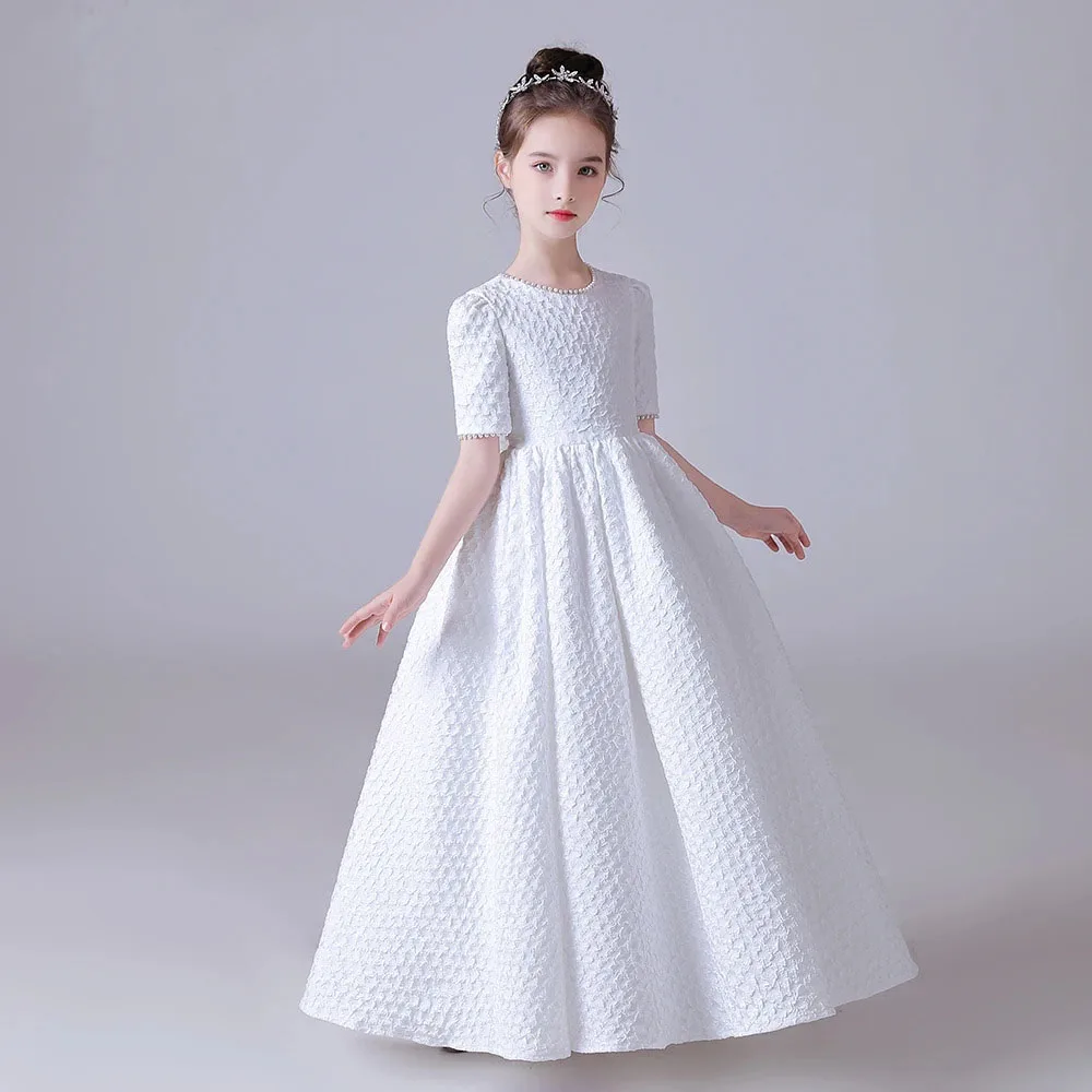 KYDYNQJ White Puff Skirt Elegant Flower Girls Dress For Wedding Party Short Sleeves Concert Junior Bridesmaid Gown