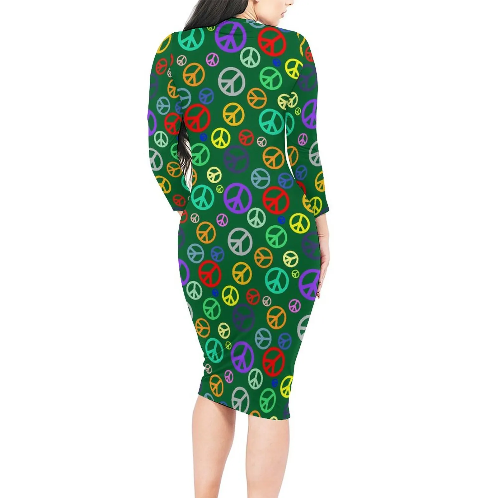 Trendy Peace Symbol Bodycon Dress Autumn Colorful Print Cute Dresses Womens Long Sleeve Graphic Aesthetic Dress 3XL 4XL 5XL