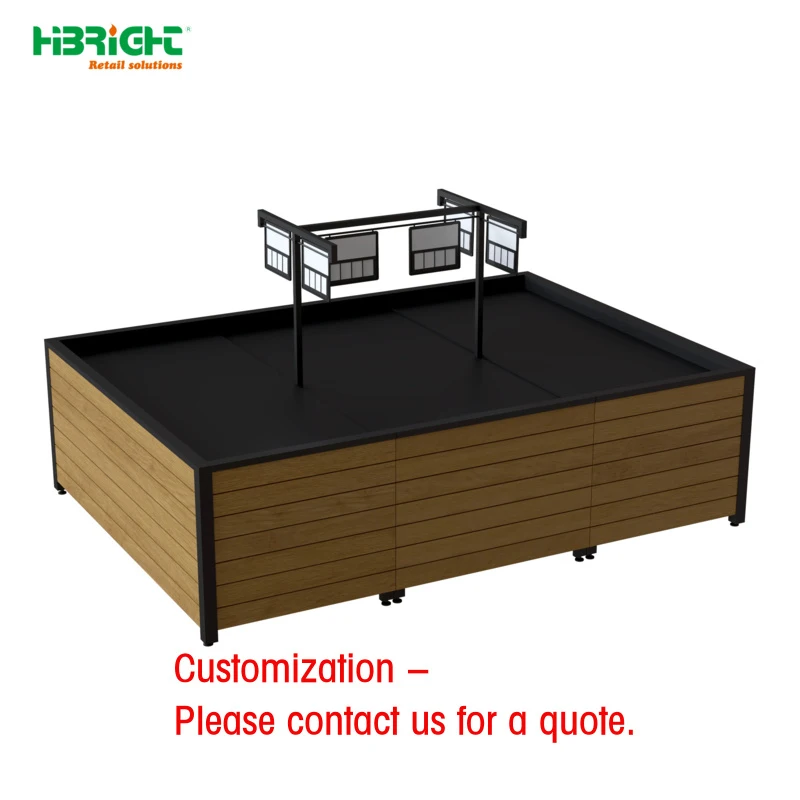 custom.Customized Heavy Duty Double Sided Fruit Vegetable Display Grocery Shelves Supermarket Rack Wood Metal Construction Quick