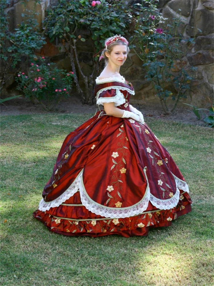 

1860s Red Off Shoulder Victorian Evening Princess Dress Historical Civil War Southern Belle Tea Party Ball Gown