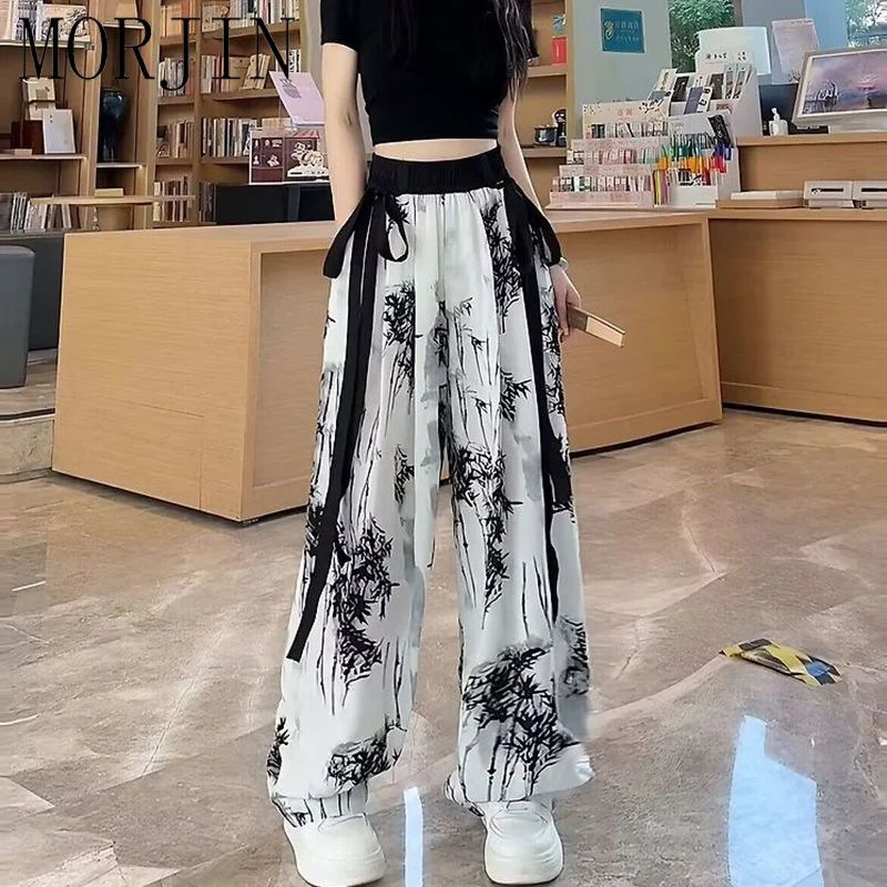 Trousers Lace-Up Oversized Chubby New Chinese Style ink Wash Ice silk wide leg summer women's casual Straight Leg Mop Pants 6XL