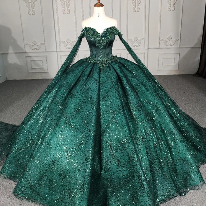 

Customized Blackish Green Quinceanera Dresses Ball Gown Off The Shoulder Applique Beads Tull With Cape Corset Party Birthday Swe