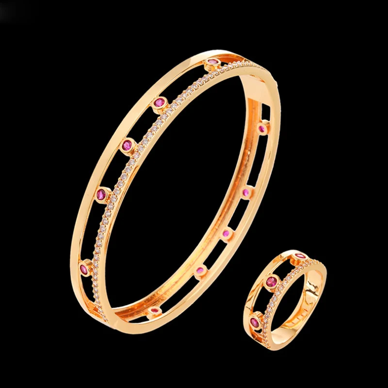 

European and American Fashion Titanium Steel Inlaid AAA Zircon Hollow Bracelet Ring Luxury Set