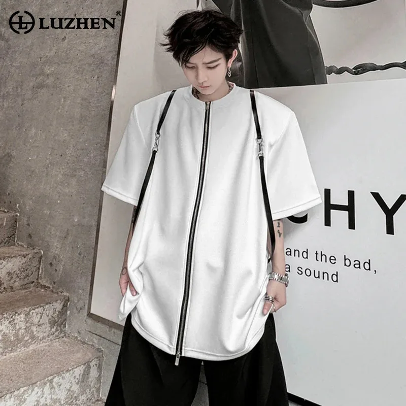 

LUZHEN Short Sleeved Decorate T Design Original Stylish Belt Shirts 2025 New Men's Personalized Trendy Street Korean Tops JY2529