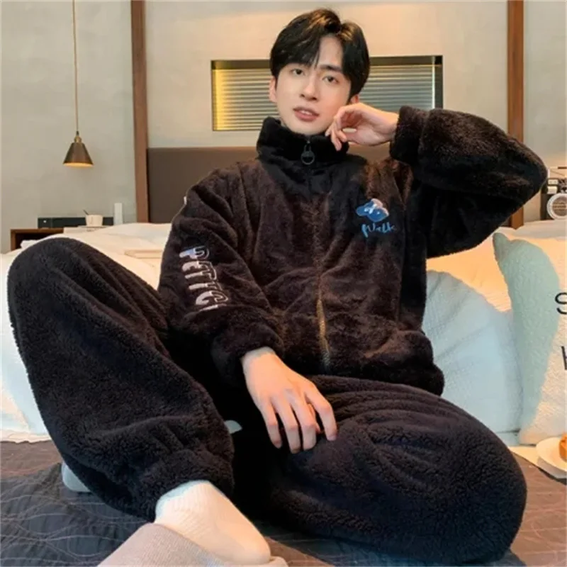 

L-4XL Large Size Men Thicken Flannel Pajamas Cartoon Zipper 2 Piece Set Sleepwear Winter Homesuit Coral Fleece Loungewer Outfit