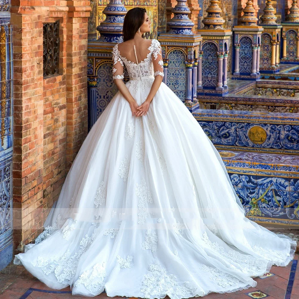 Flavinke Customized Luxury Half Sleeve Lace Ball Gown Wedding Dresses Sexy Illusion Appliques Flowers Court Train Bridal Gowns
