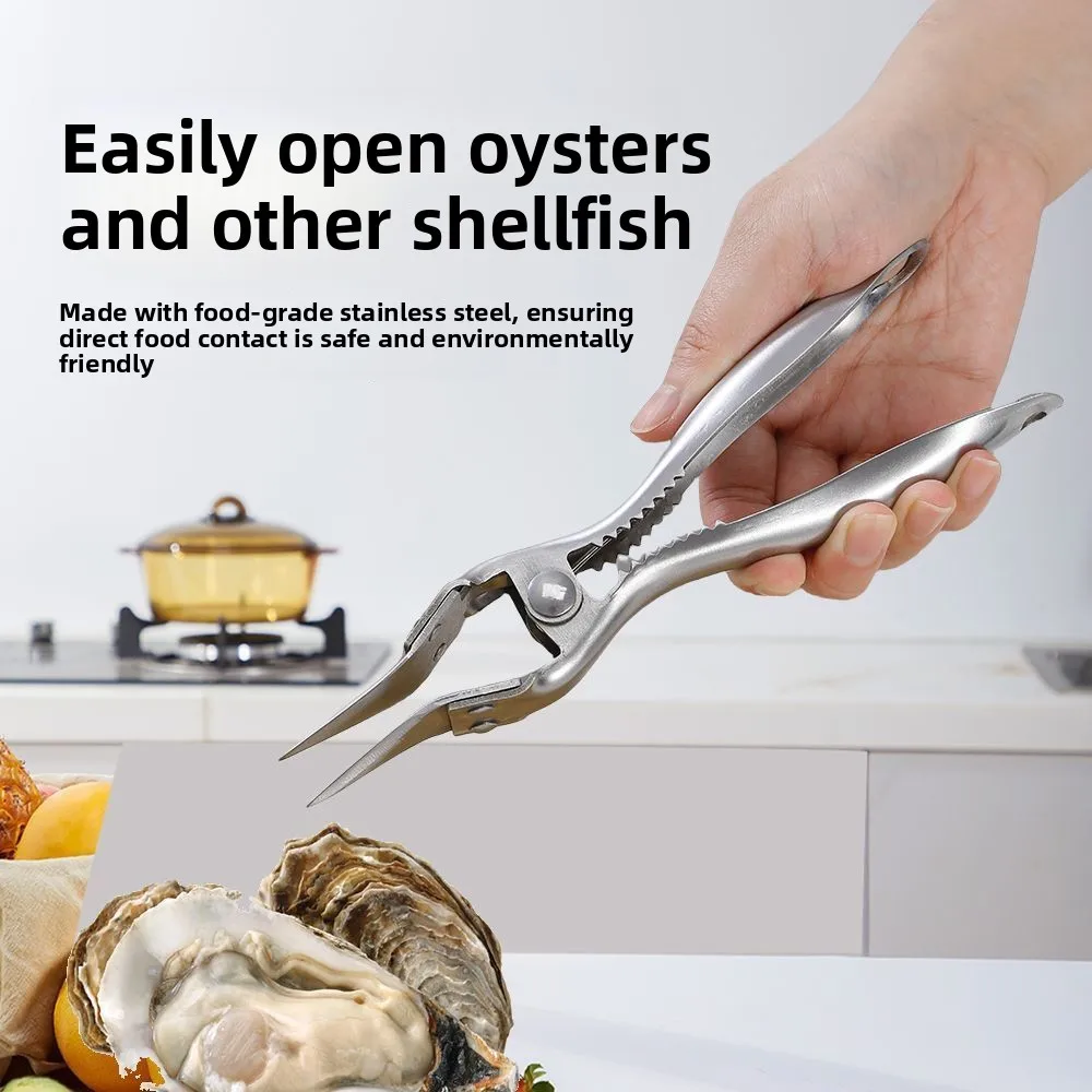 Stainless steel multi-purpose pliers for cracking open shells, perfect for shucking oysters and other shellfish right at home.