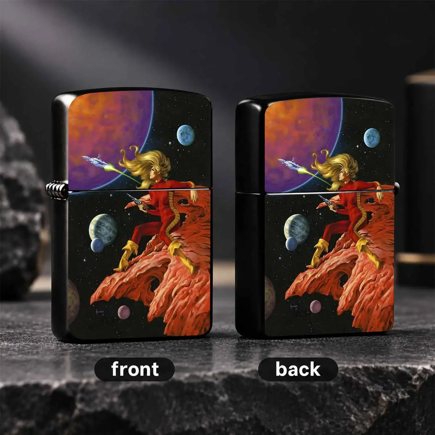 Retro Sci-Fi Space Adventure Lighter, Blonde Heroine Interstellar Exploration Pattern, Exotic Cosmic Scenery Print, Portable Stylish Accessory For Daily Use, Gifting And Desktop Display, Fits All Casual And Occasion Scenarios Interesting An