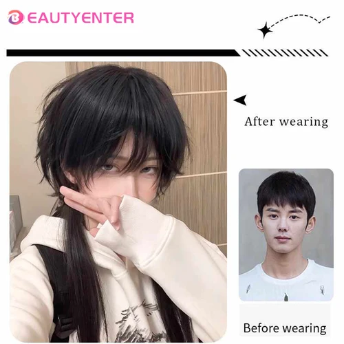 Imagen 2 del producto Peluca de cabeza de Mullet para hombre y mujer, pelo sintético corto, liso, dorado, negro, esponjoso, cola de lobo Natural, Cosplay de fiesta diaria