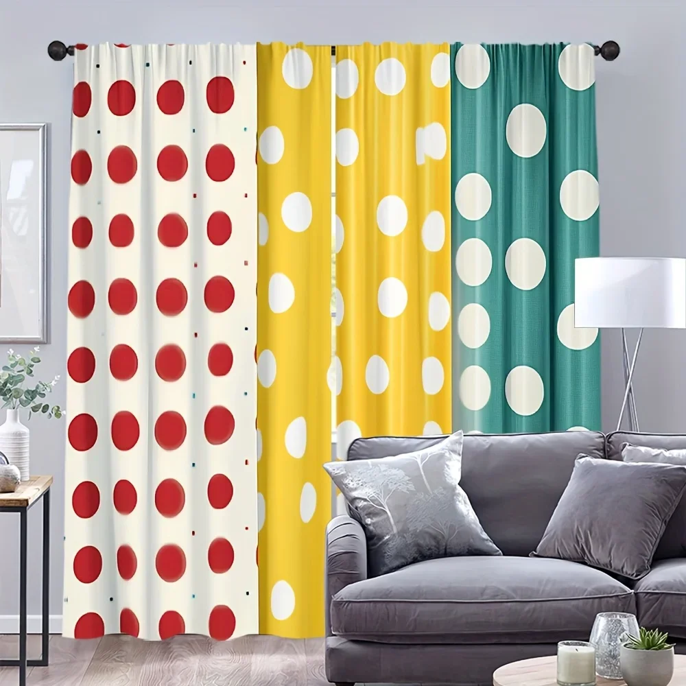 Three-color stitched polka dots Print Drapes Room Darkening Window Curtains for Home Decor,Rod Pocket Blackout Curtains Bedroom