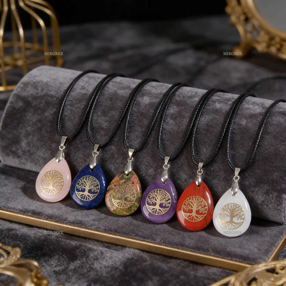 1/2/3 قطعة مزيج وتطابق الأحجار الكريمة الطبيعية قطرة على شكل شجرة الحياة قلادة قلادة ، عيد ميلاد هدية للذكرى السنوية مجوهرات