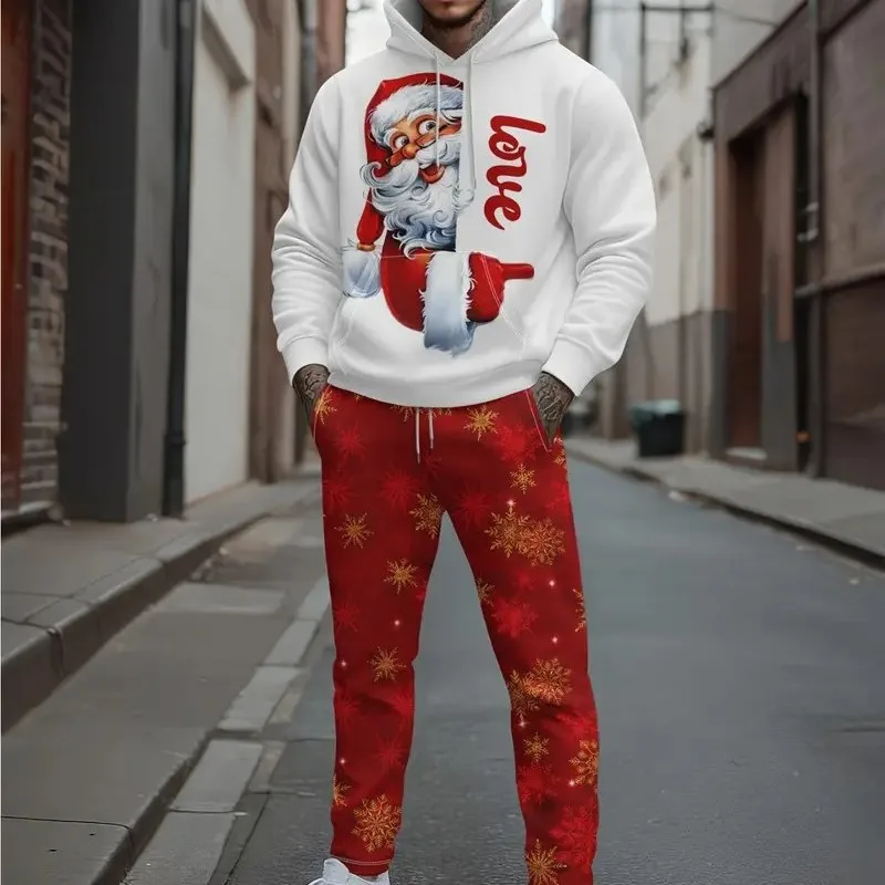남성용 후드티 세트는 봄, 가을, 크리스마스에 적합하며 부드럽고 캐주얼하며 산타클로스 프린트가 있는 패셔너블한 제품입니다.