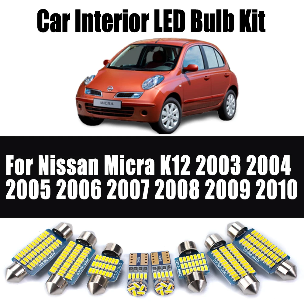 

10Pcs Canbus LED Interior Dome Map Light Kit For Nissan Micra K12 2003- 2007 2008 2009 2010 Car Reading Trunk Bulbs Accessories