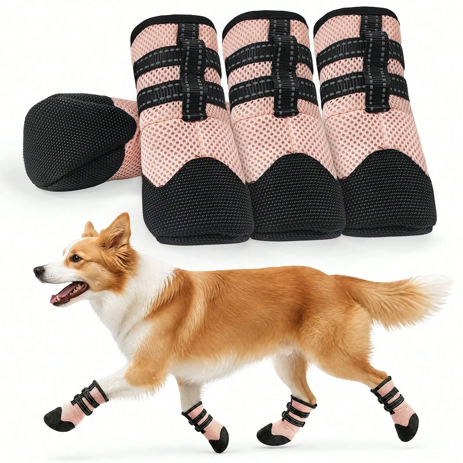 Breathable Mesh Dog Shoes – Non-Slip Side Design With Adjustable Straps & Reflective Strips, Comfortable Anti-Scratch Paw Protector For Outdoor Walks, Travel, And Daily Use