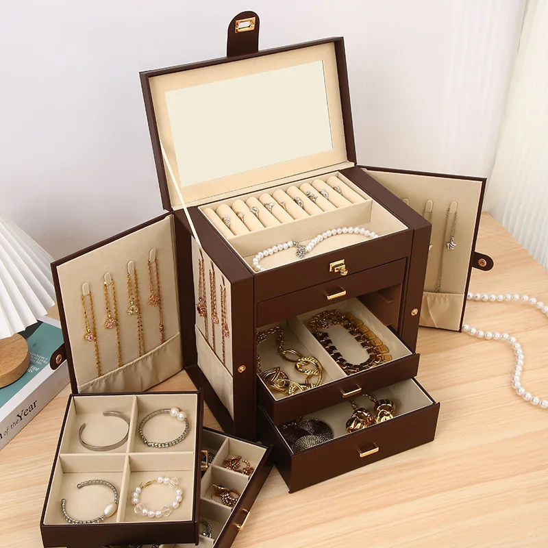 PU Leather Jewelry Box Luxury Large Capacity Display Boxes Necklace Earrings Bracelet Storage Case with Mirror Jewellery Boxes